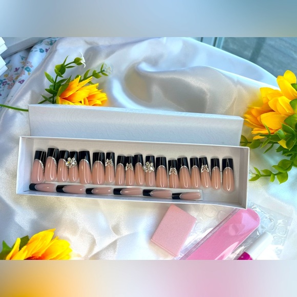 Other - Elegant Black French Tip Press-On Nails with Rhinestone Embellishments